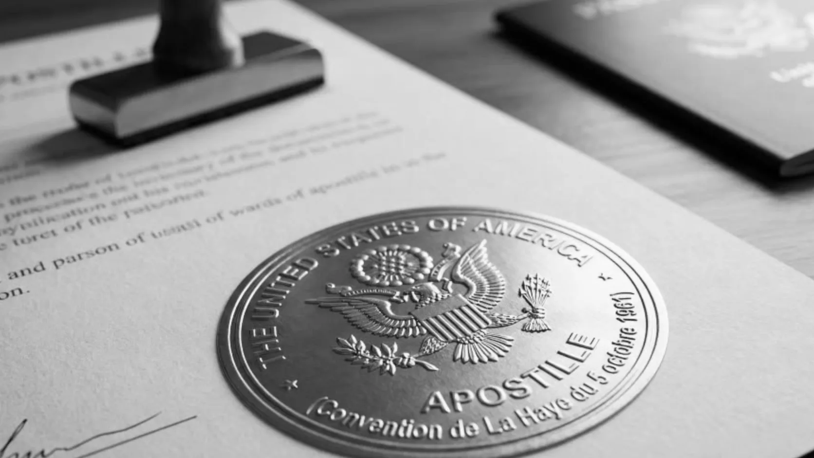 An embossed apostille seal on a document next to a passport