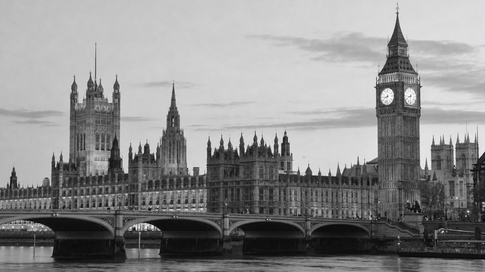 The Palace of Westminster and Big Ben in a black-and-white photograph