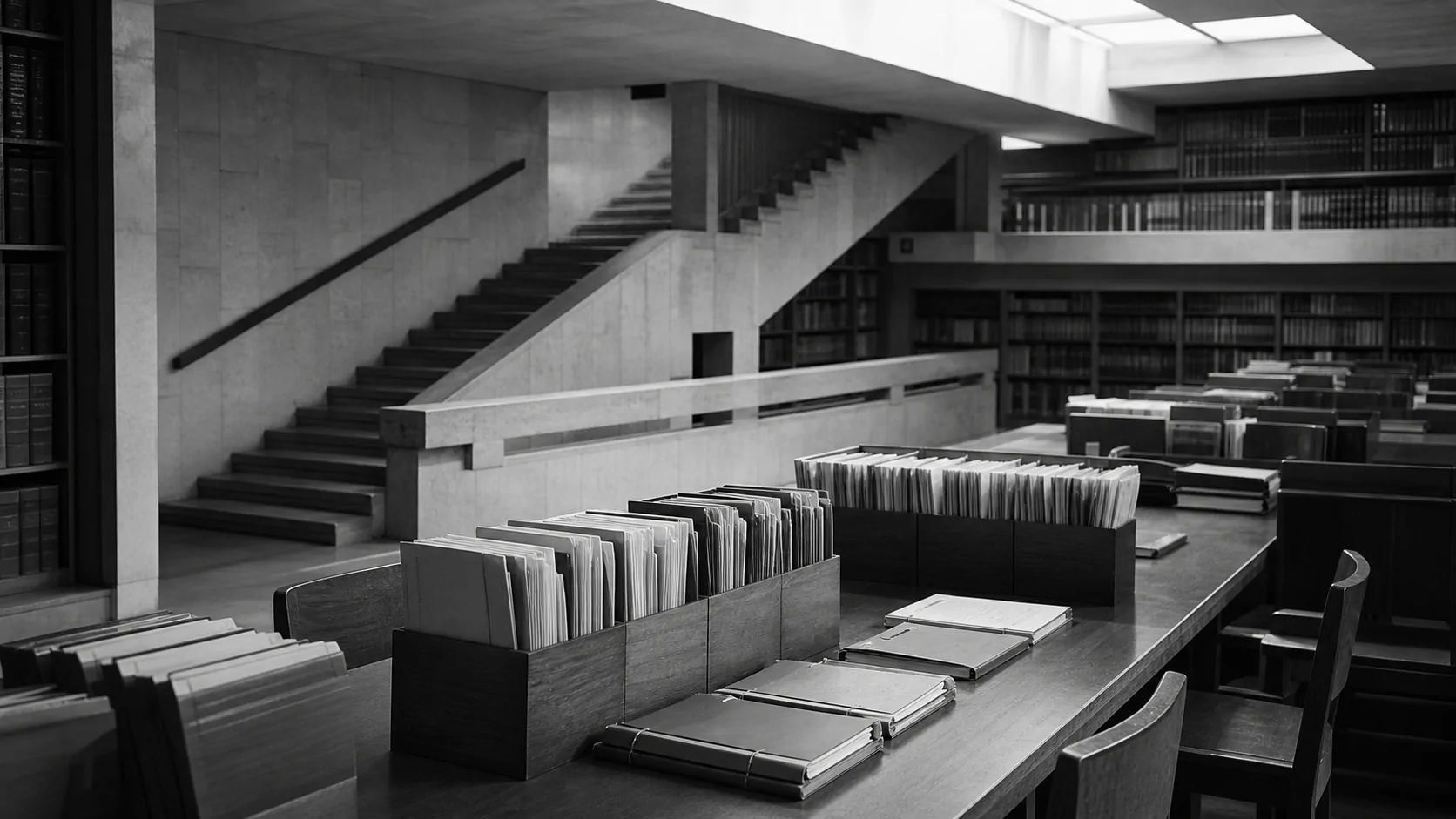 A research library reading room with card-index boxes and a staircase