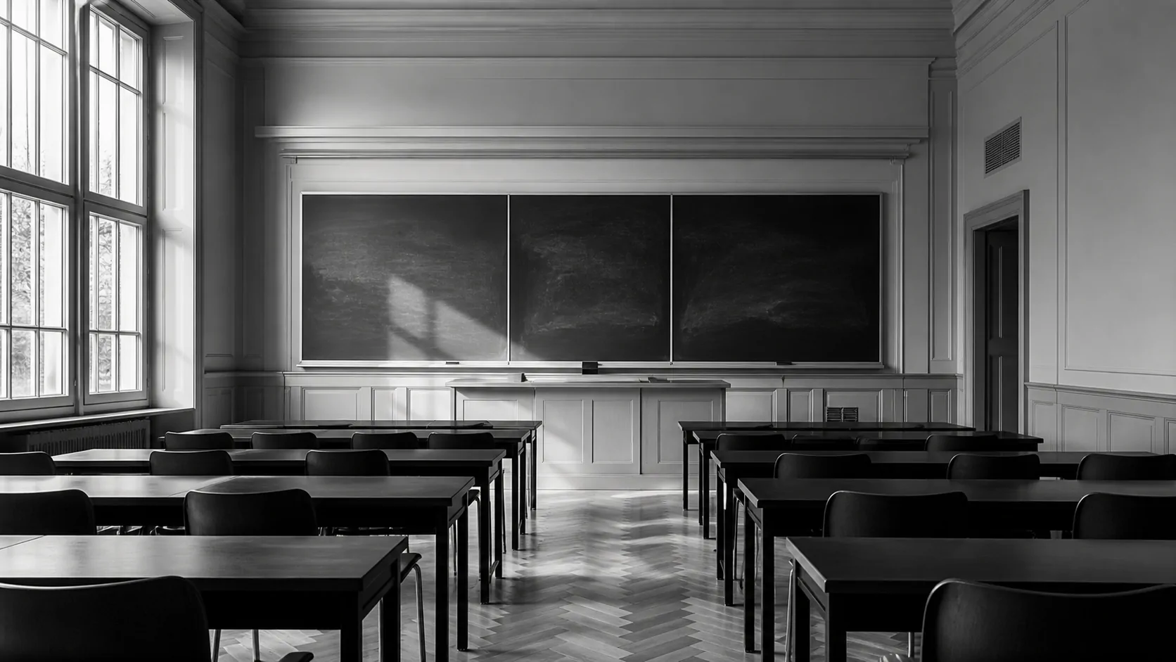 An empty university teaching room with blackboards and rows of desks