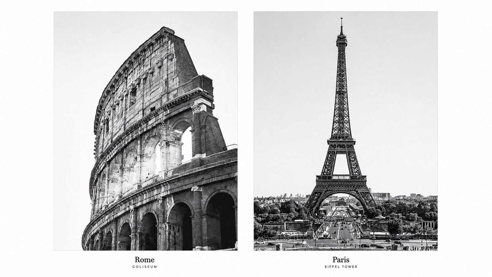 Black-and-white comparison of the architecture of Rome and Paris: the Colosseum and the Eiffel Tower